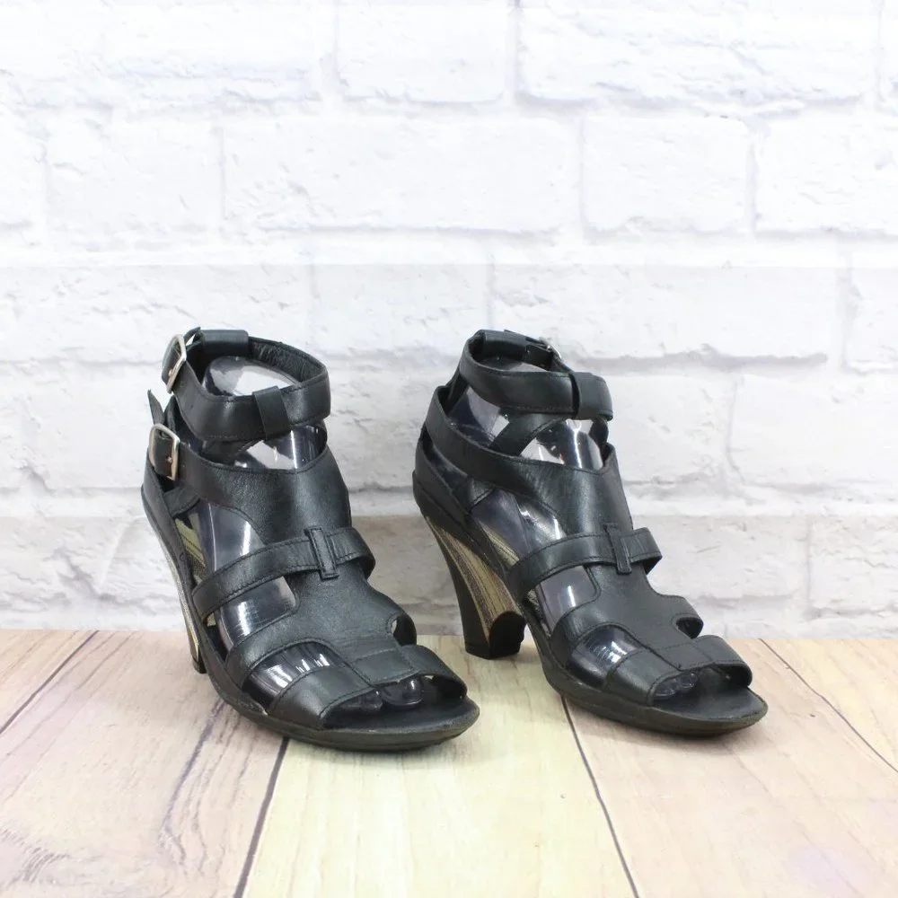 J. Denise Black Leather Ankle Strappy Gladiator Heels Pump Shoes Size US 10 - Picture 3 of 9
